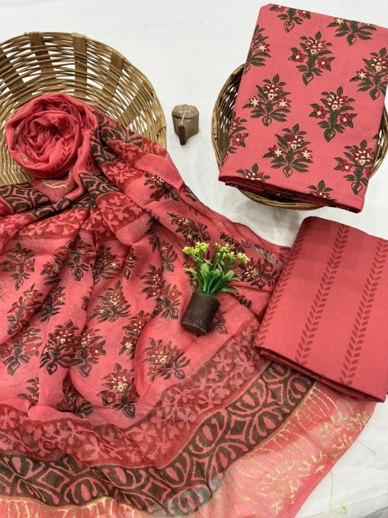 Coral Red Floral Cotton Salwar Kameez with Black Print Dupatta - Vibrant Summer Style