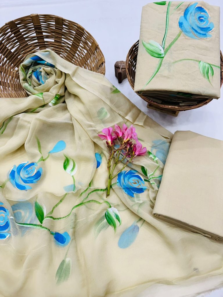 Creamy Beige Cotton Salwar Suit with Hand-Painted Blue Roses - Chic Summer Attire