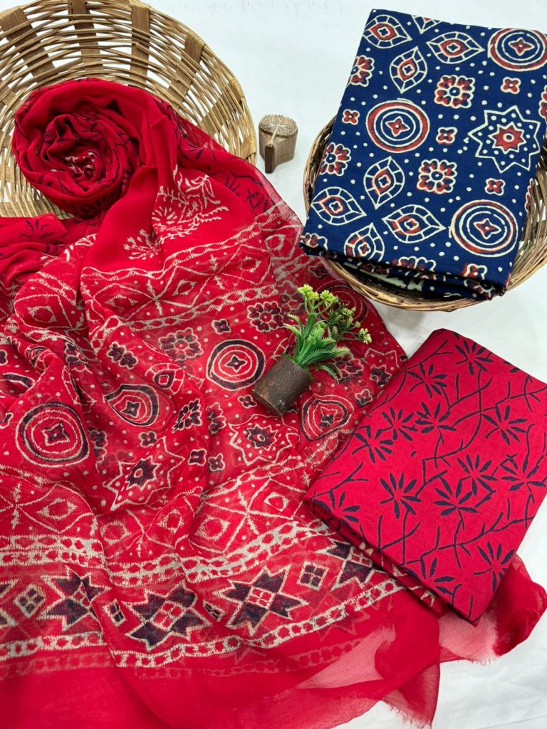 Crimson Red Ethnic Cotton Salwar Kameez with Navy Print Dupatta - Traditional Summer
