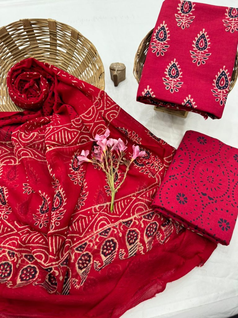 Crimson Red Paisley Cotton Salwar Suit with Beige Print Dupatta - Timeless Allure