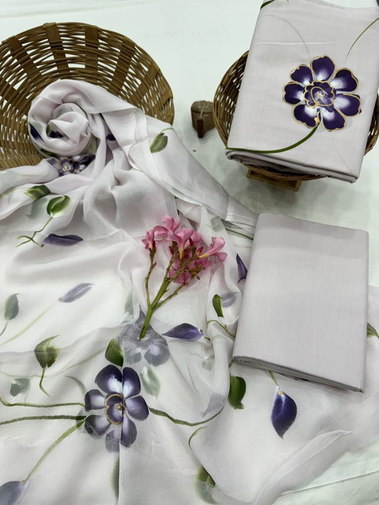 Elegant White Cotton Salwar Kameez with Purple Botanical Print - Summer Fashion