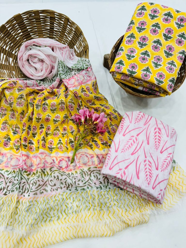 Lemon Yellow Floral Cotton Salwar Suit with Pink Print Dupatta - Zesty Summer Fashion