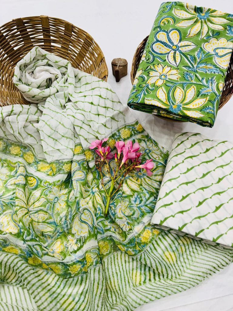 Lime Green Floral Cotton Salwar Suit with Hand Block Print Dupatta - Refreshing Elegance