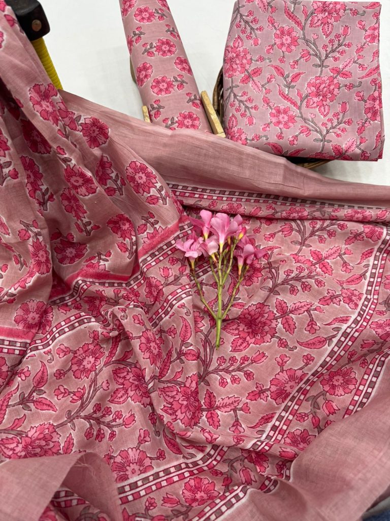 Classic Rose Print Cotton Salwar Kameez Set in Soft Pink