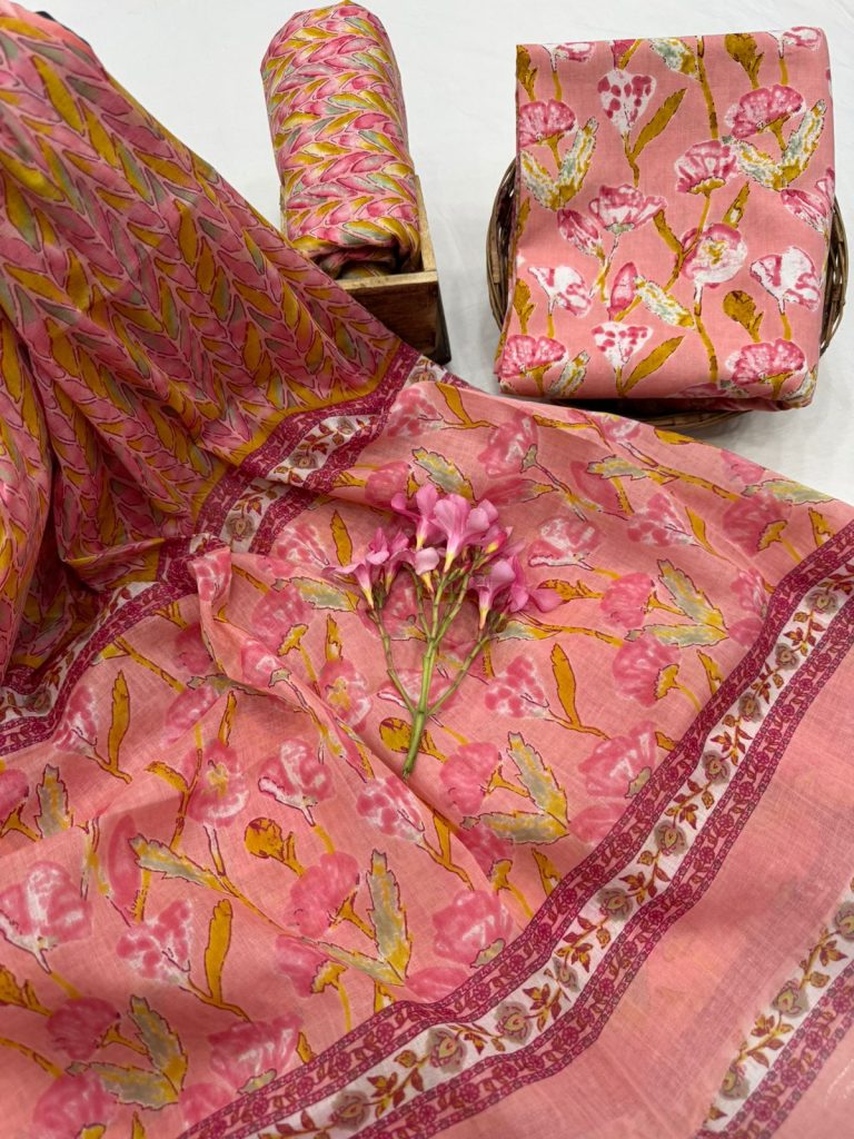Elegant Pink Leaf-Pattern Cotton Salwar Suit with Matching Duppata