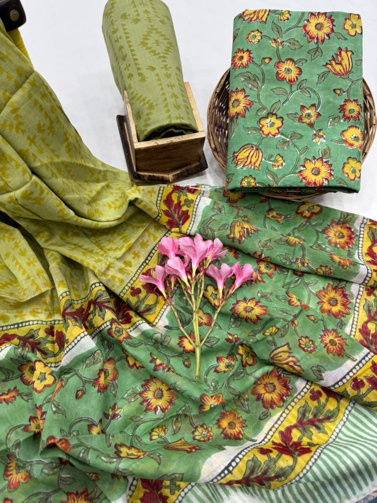 Lush Green Floral Hand Block Printed Cotton Set with Duppata