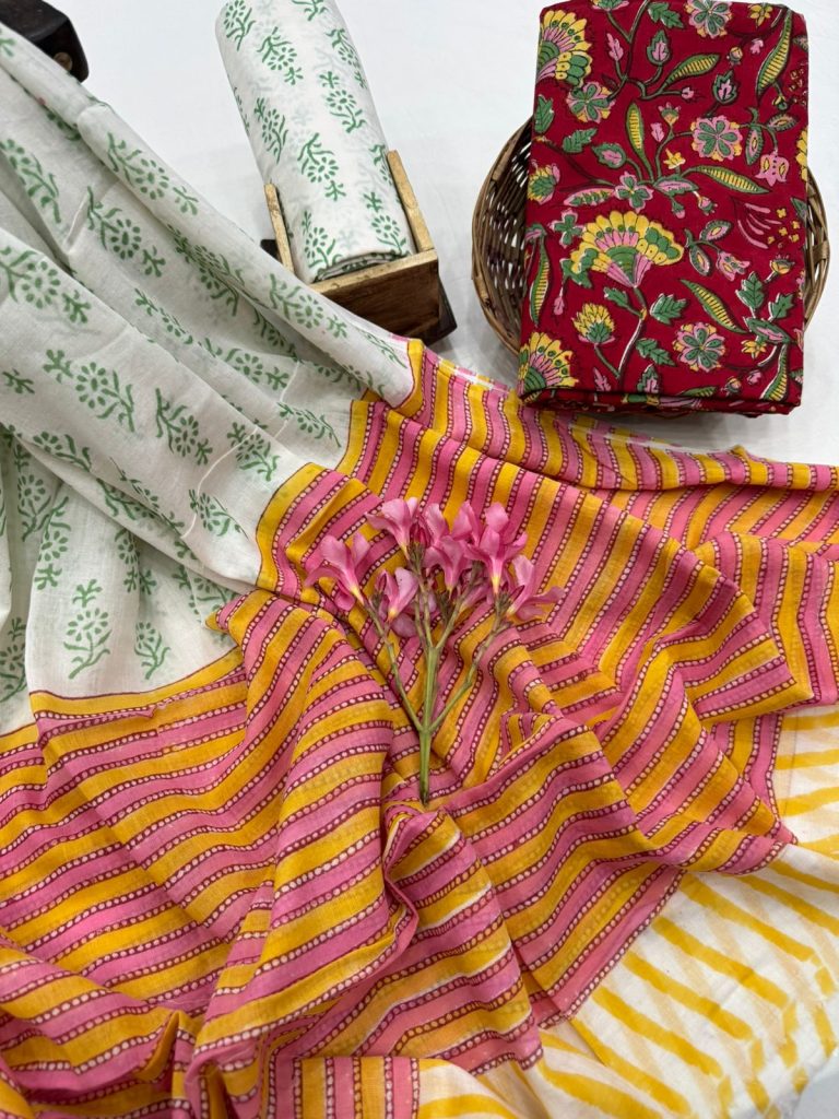 Sunny Yellow Striped Cotton Salwar Suit with Traditional Print