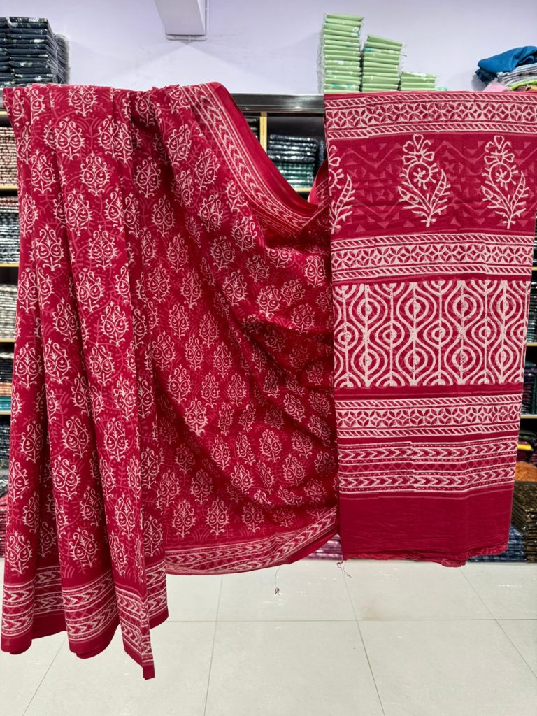 Bold Red Cotton Saree with Elegant Hand Block Print from Jaipur