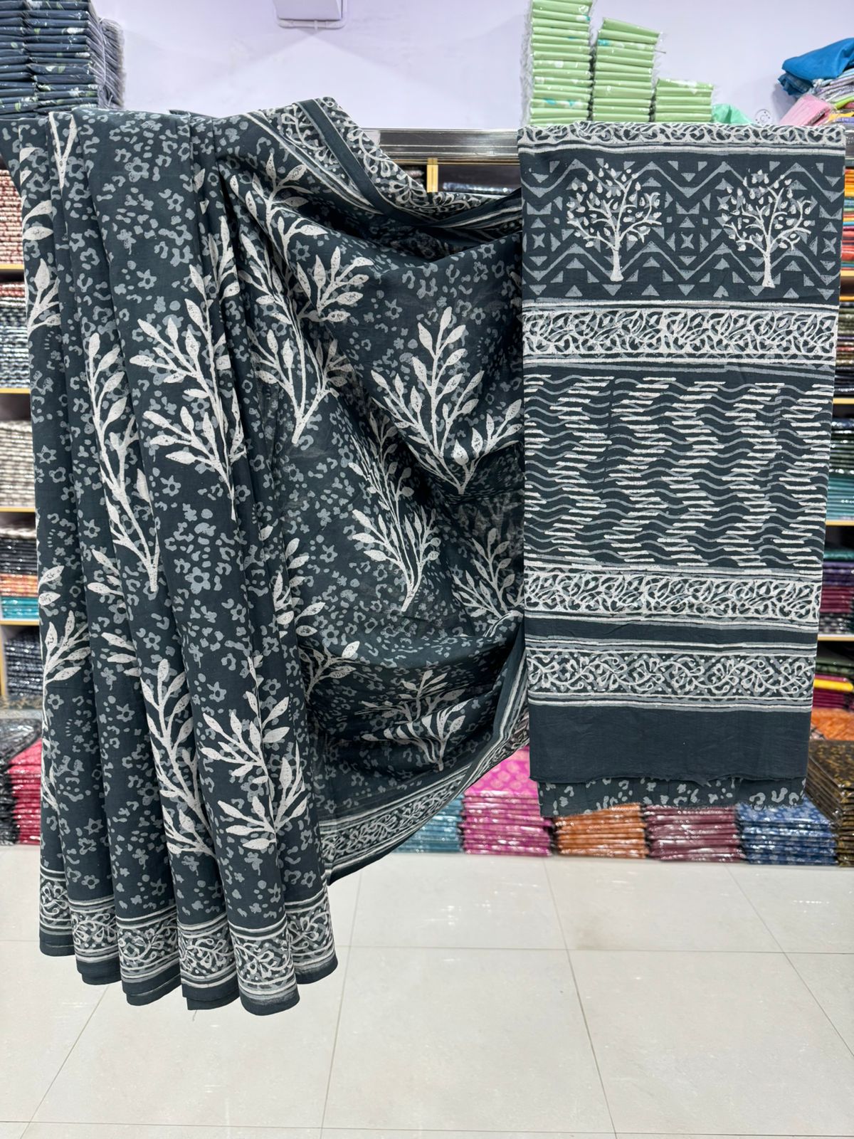 Charcoal Floral Print Cotton Saree – Elegance from Rajasthan