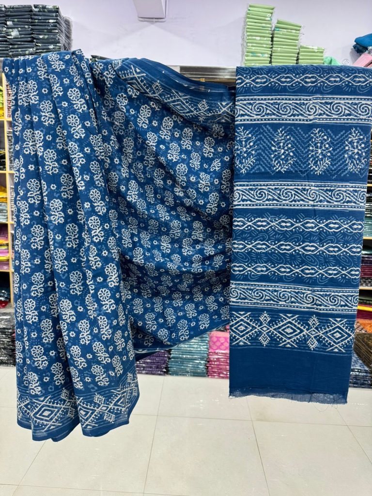 Classic Blue Cotton Saree Featuring Elegant Rajasthani Prints