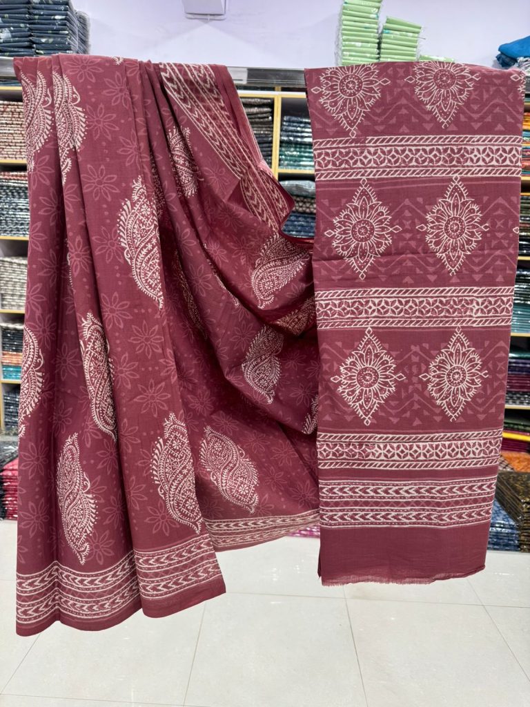 Maroon Paisley Cotton Saree - Exquisite Summer Wear from Rajasthan
