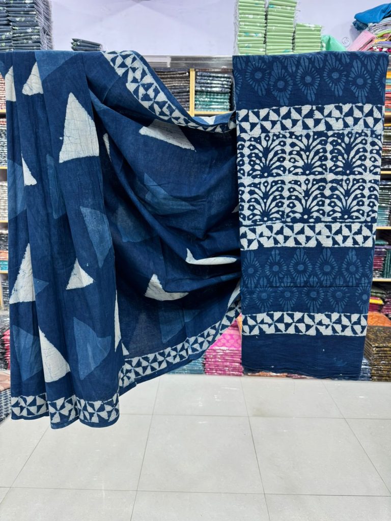 Nautical Navy Hand Block Print Cotton Saree from Jaipur