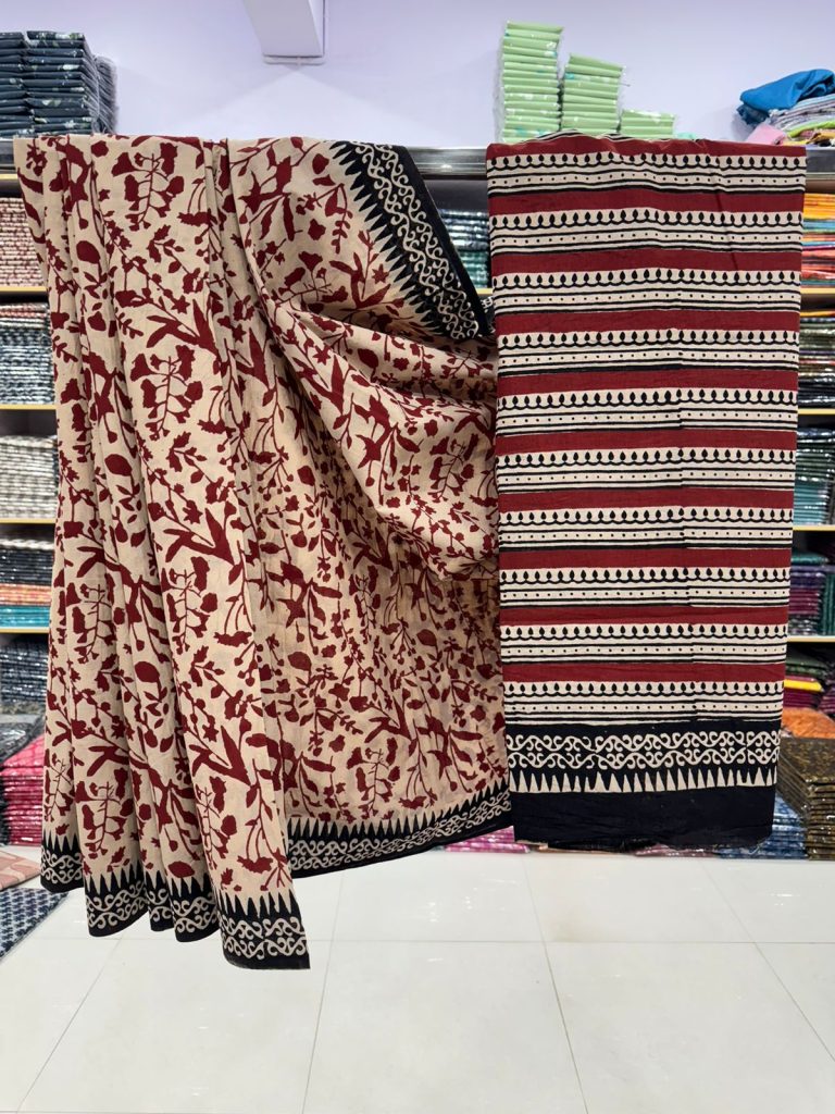Rustic Red Cotton Saree with Traditional Block Print Patterns
