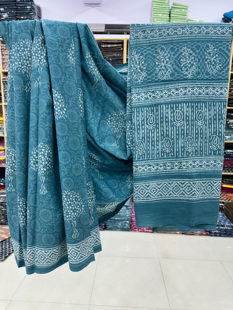 Serene Teal Cotton Saree with Elegant Hand Block Patterns