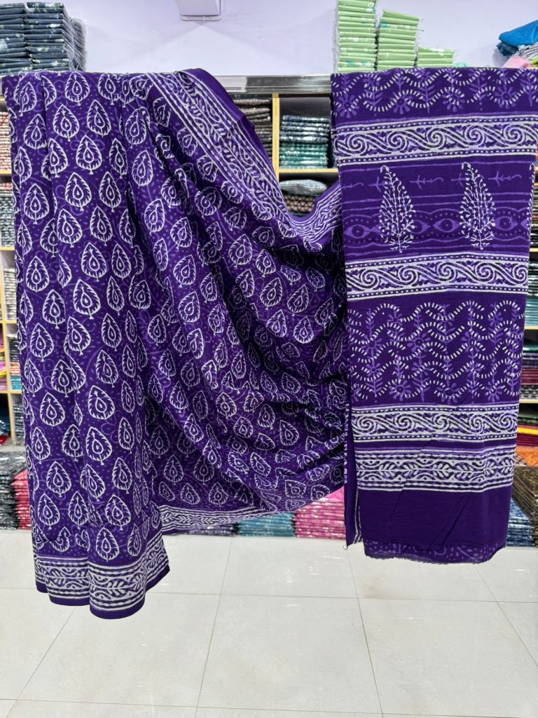 Luxurious Purple Cotton Saree with Hand Block Print Detailing