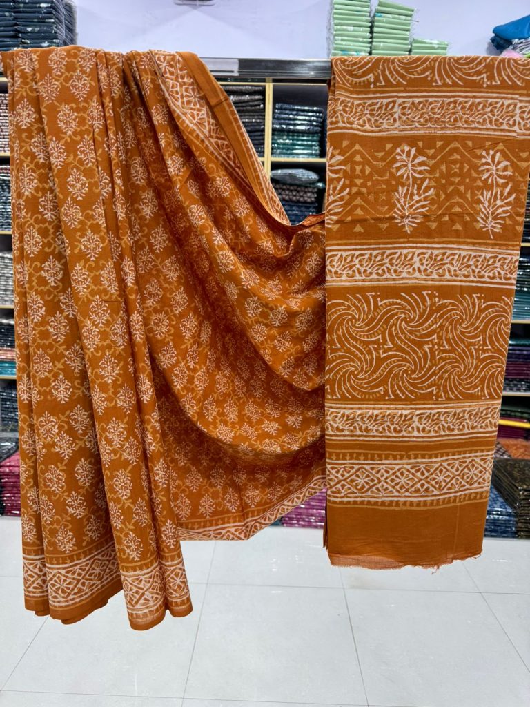 Vibrant Orange Cotton Saree with Exotic Hand Block Designs