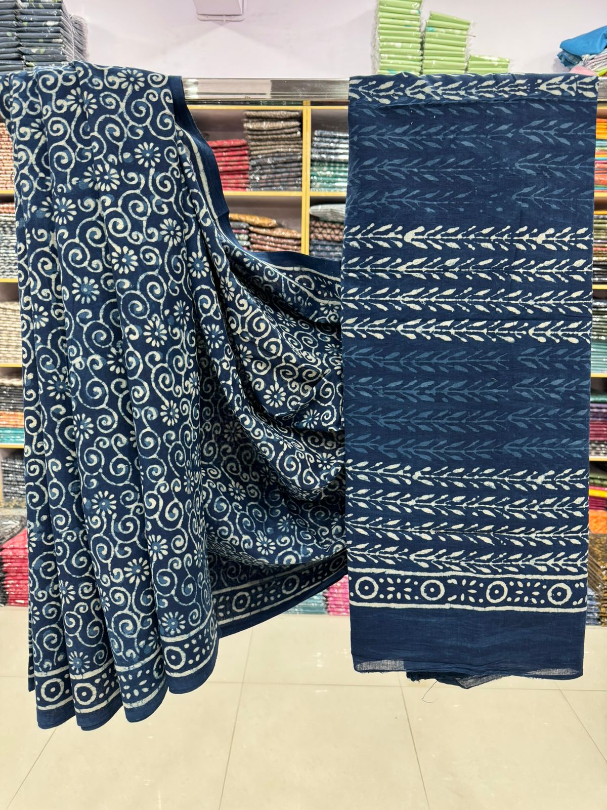 Sophisticated Navy Cotton Saree with Delicate Hand Block Print