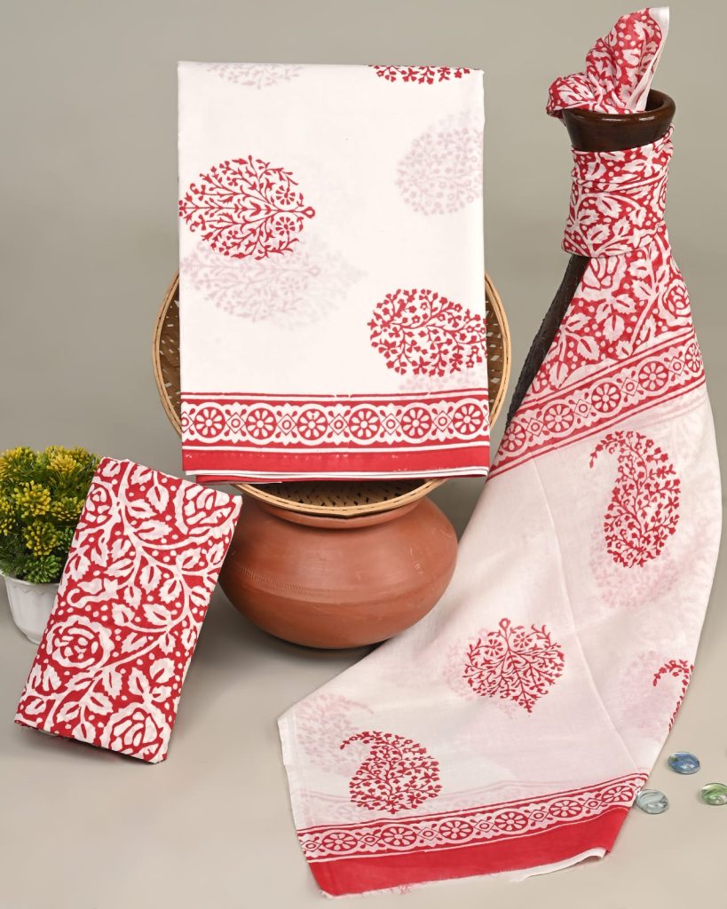 Red Hand Block Print Cotton Suit Material