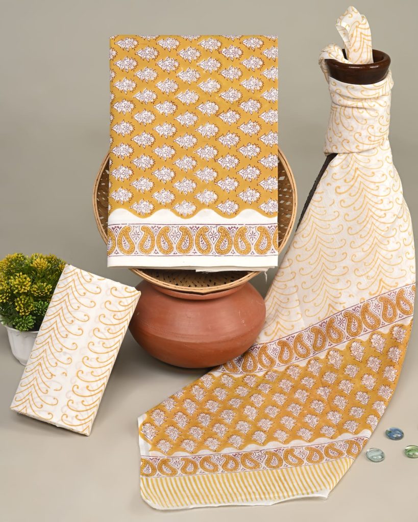 Mustard Paisley Print Cotton Dress Material