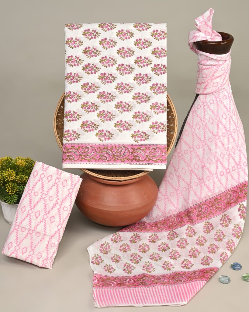 Pink Floral Block Print Cotton Suit Set
