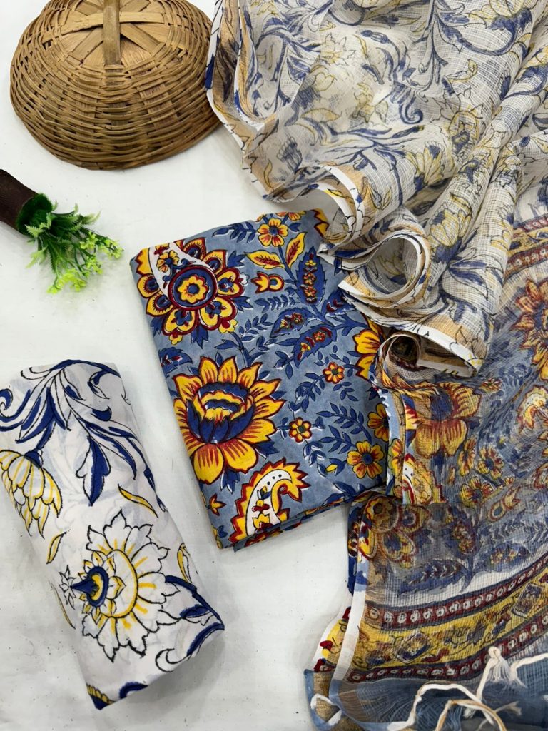 Elegant Blue Floral Cotton Suit with Traditional Kota Doriya Dupatta