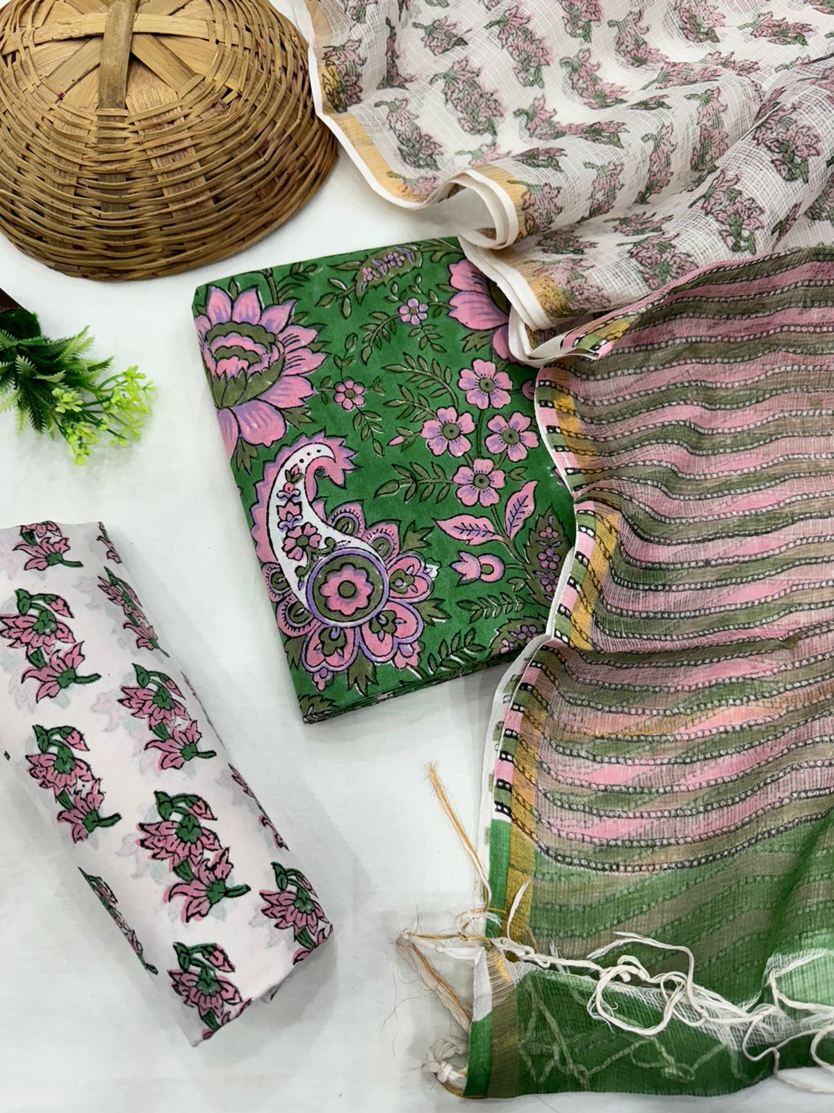 Vivid Green and Pink Floral Cotton Suit with Kota Doriya Dupatta