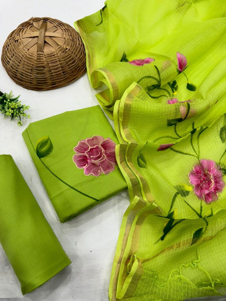 Lime Green Floral Cotton Suit with Delicate Kota Doriya Dupatt