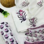 Classic White Cotton Suit with Purple Floral Artistry and Kota Doriya Dupatta