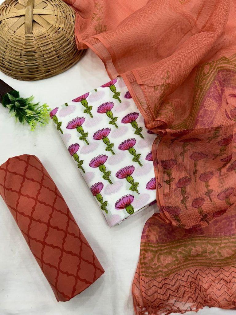 Coral Charm Cotton Suit with Vibrant Thistle Prints and Kota Doriya Dupatta