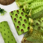 Lush Green Cotton Suit with Maroon Floral Prints and Kota Doriya Dupatta