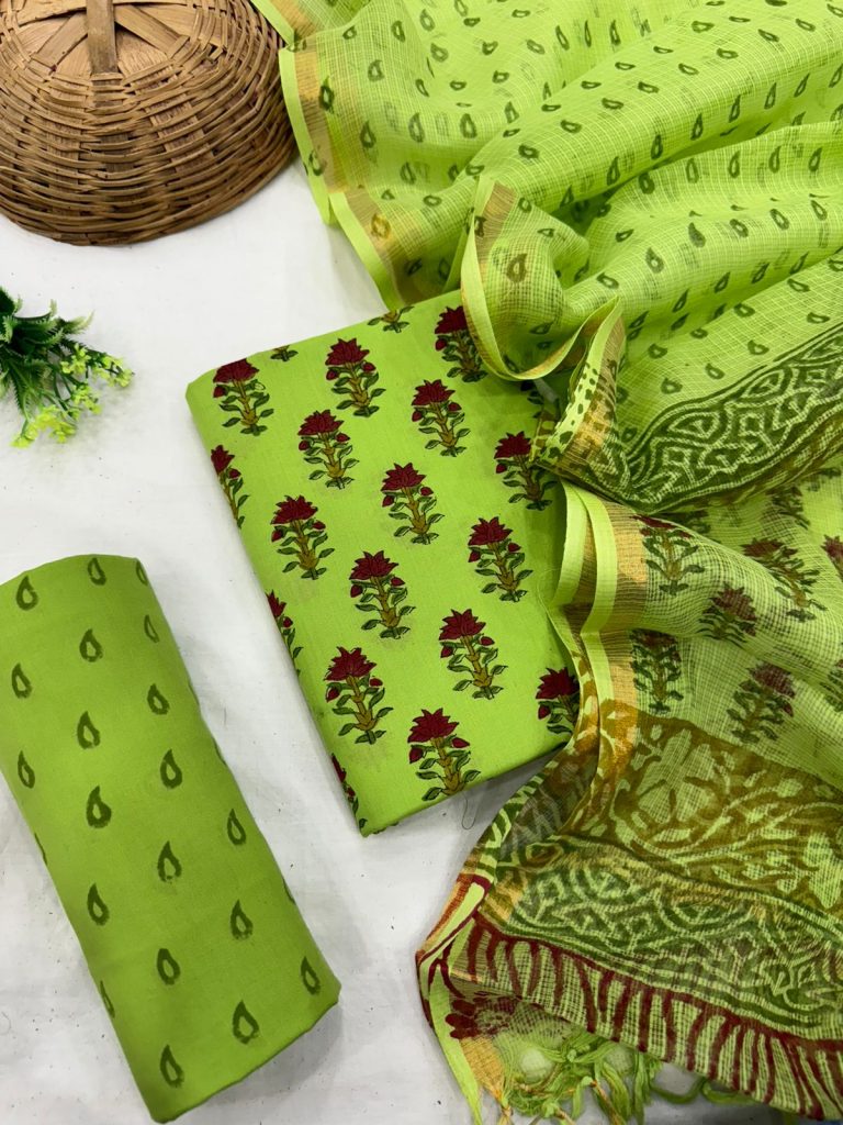 Lush Green Cotton Suit with Maroon Floral Prints and Kota Doriya Dupatta
