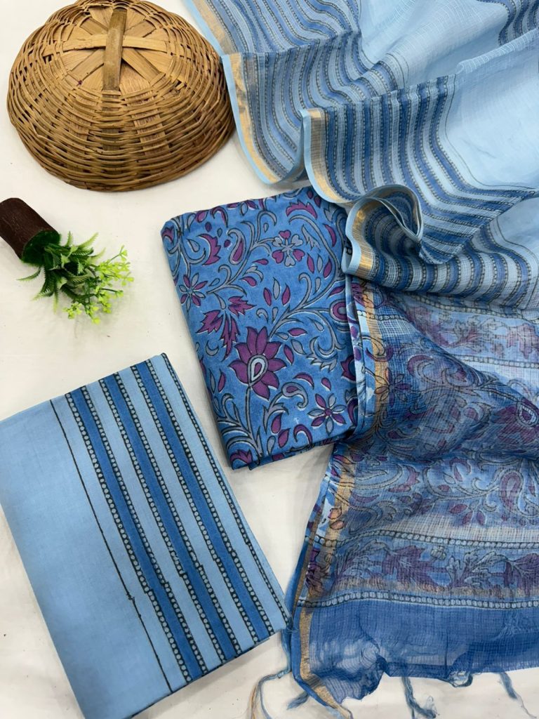 Serene Sky Blue Cotton Suit with Delicate Blue Prints and Kota Doriya Dupatta