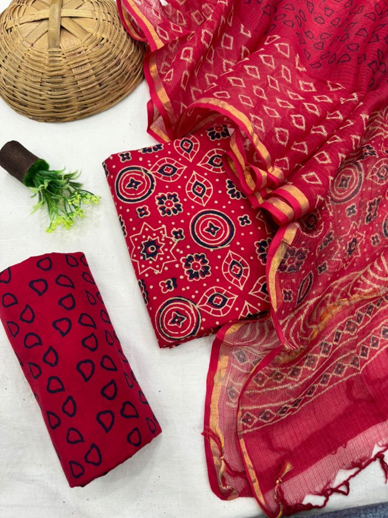 Radiant Red Cotton Suit with Ethnic Patterns and Kota Doriya Dupatta