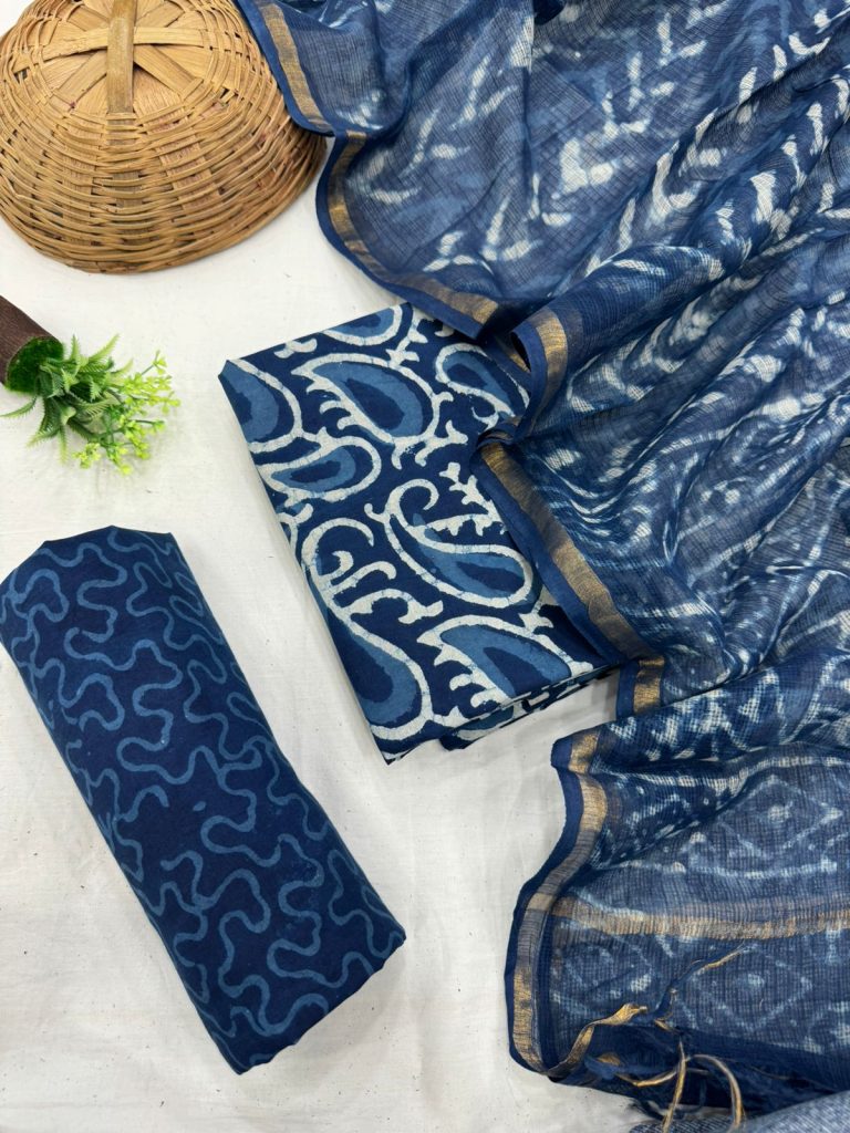 Deep Blue Cotton Suit with Elegant Prints and Kota Doriya Dupatta
