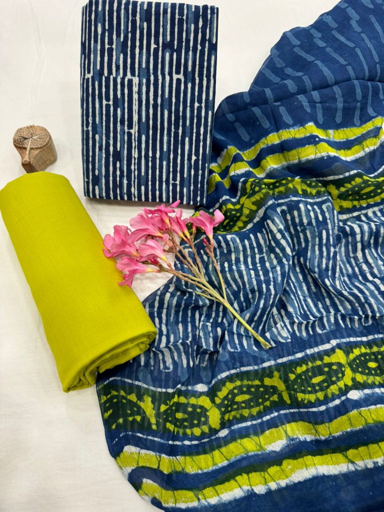 Indigo Blue Cotton Suit with Lime Chiffon Dupatta – Vibrant Summer Mix