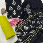 Midnight Black Cotton Suit with Lime Chiffon Dupatta – Striking Contrast
