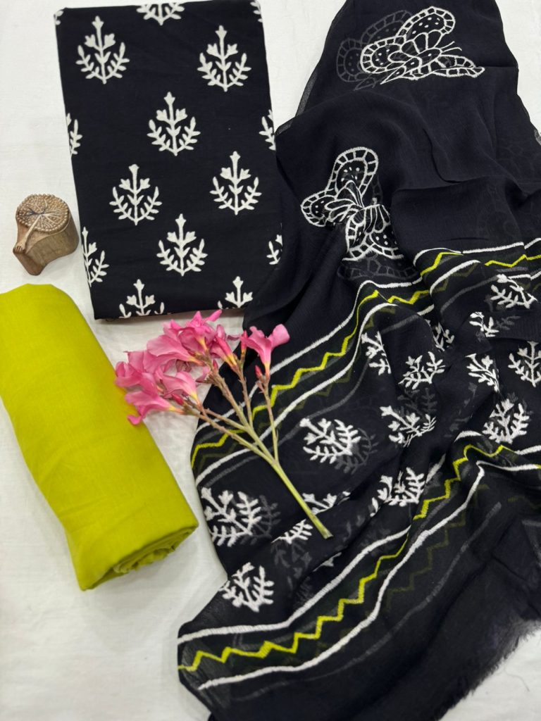 Midnight Black Cotton Suit with Lime Chiffon Dupatta – Striking Contrast