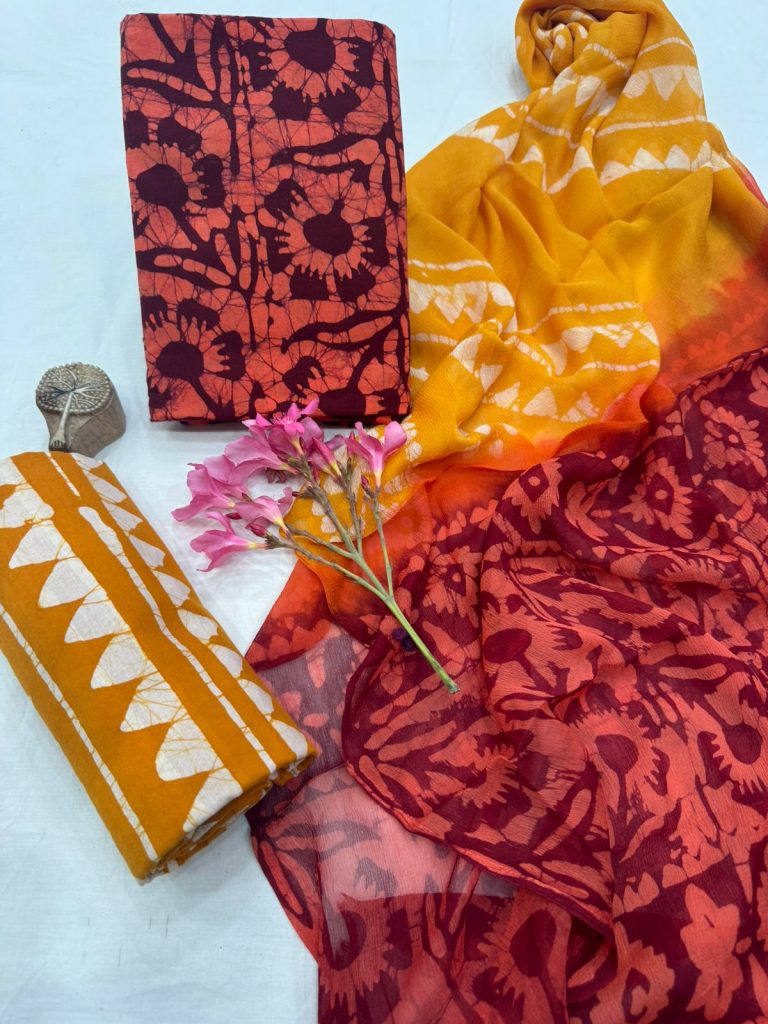Vibrant Tangerine Cotton Suit with Chiffon Dupatta – Lush Summer Wear