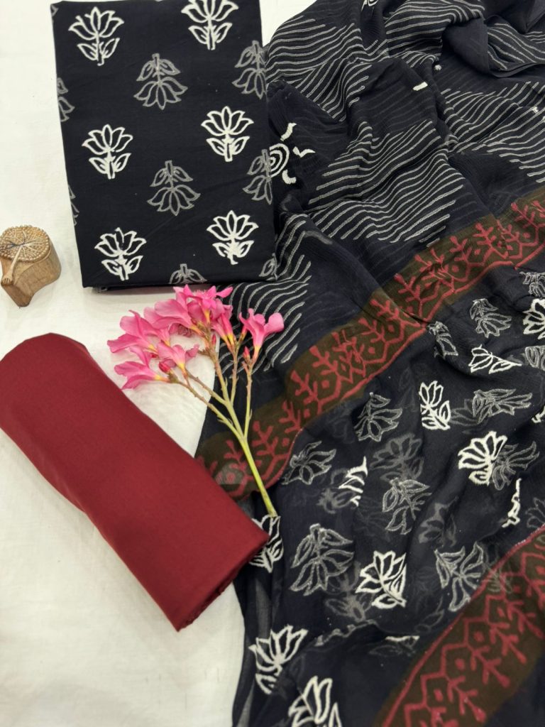 Classic Black Cotton Suit with Maroon Chiffon Dupatta – Traditional Summer Look