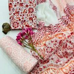 Coral Botanical Print Cotton Suit with Chiffon Dupatta – Nature-Inspired Elegance