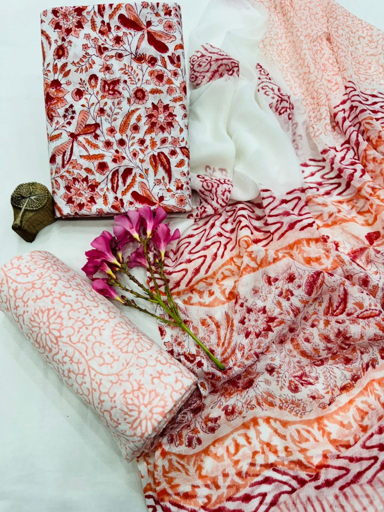 Coral Botanical Print Cotton Suit with Chiffon Dupatta – Nature-Inspired Elegance