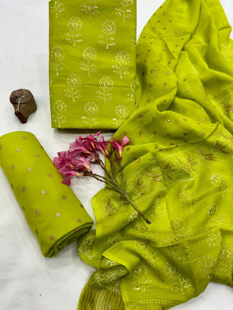 Lime Green Cotton Suit with Chiffon Dupatta – Lively Summer Radiance