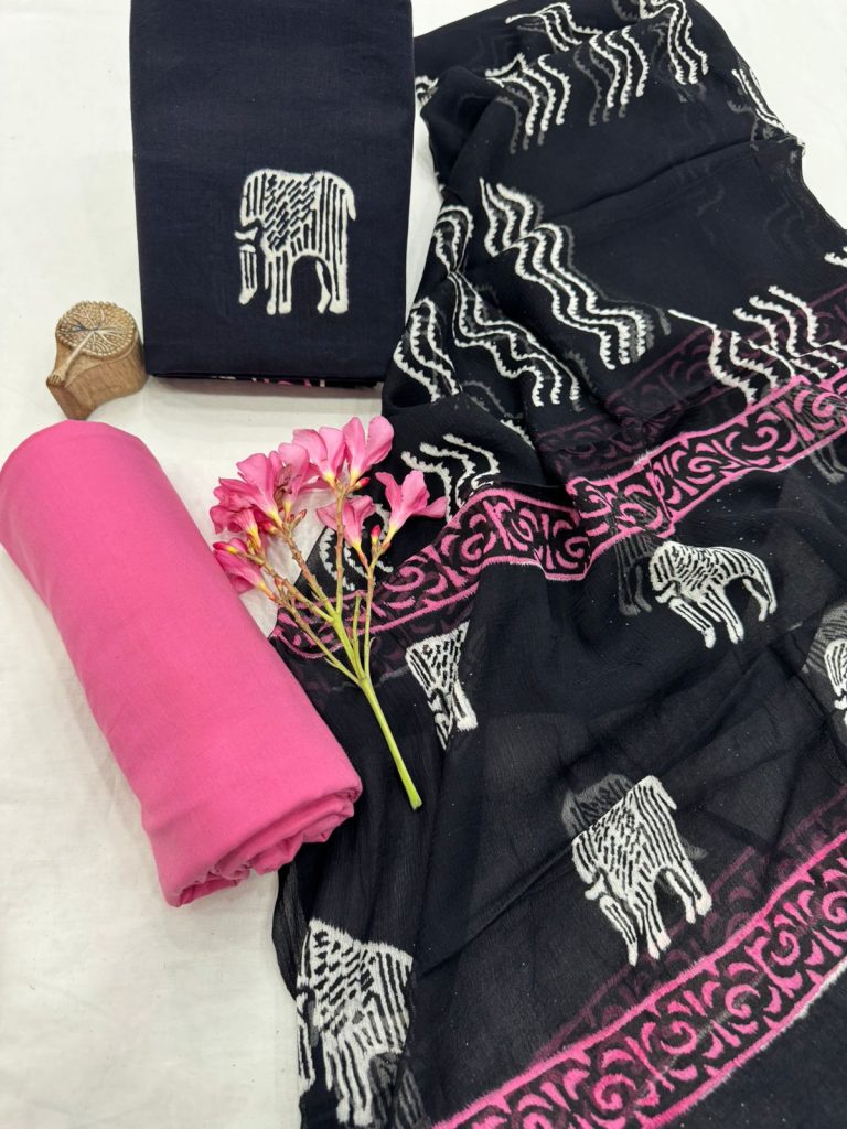 Black Beauty Cotton Suit with Pink Chiffon Dupatta – Chic Summer Fashion