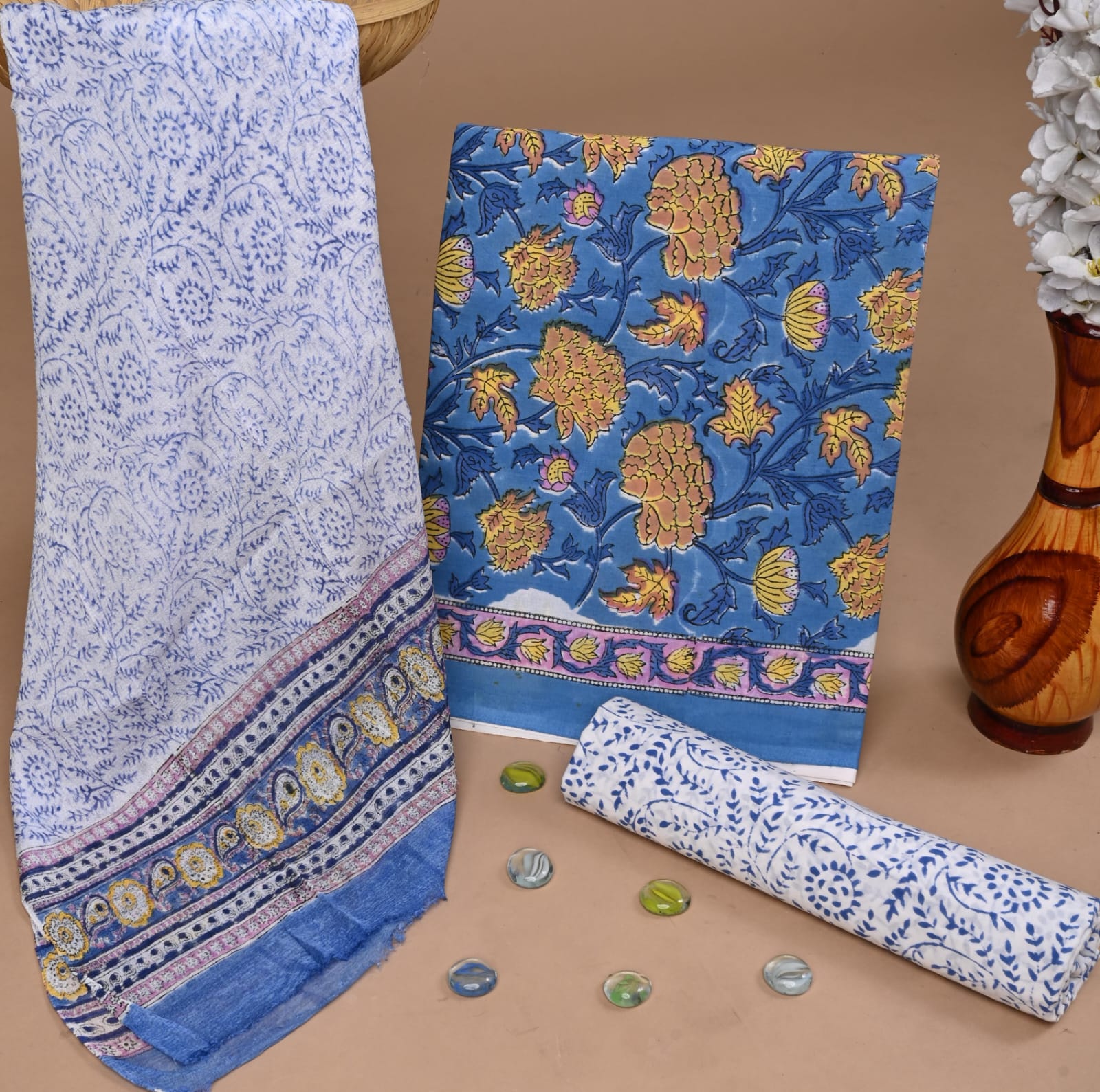 Blue and white new floral print chiffon dupatta suit