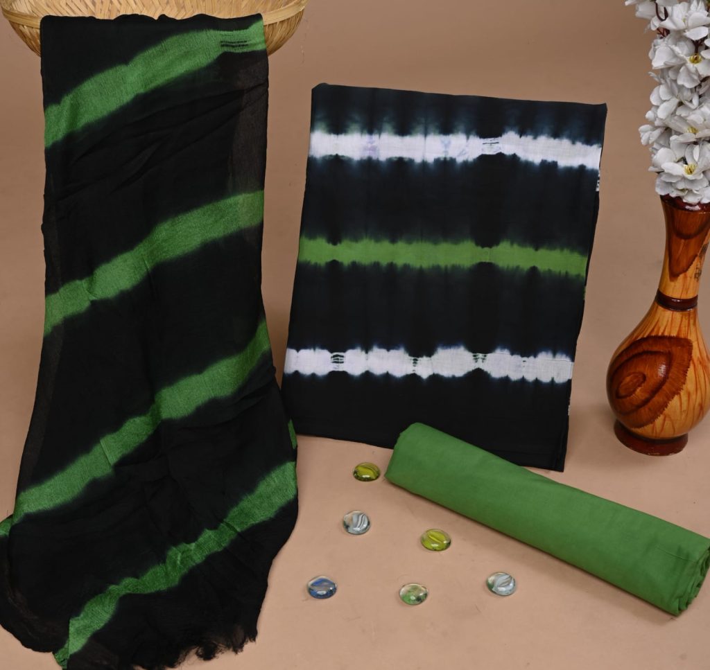 New arrival of black and green cotton suit with chiffon dupatta