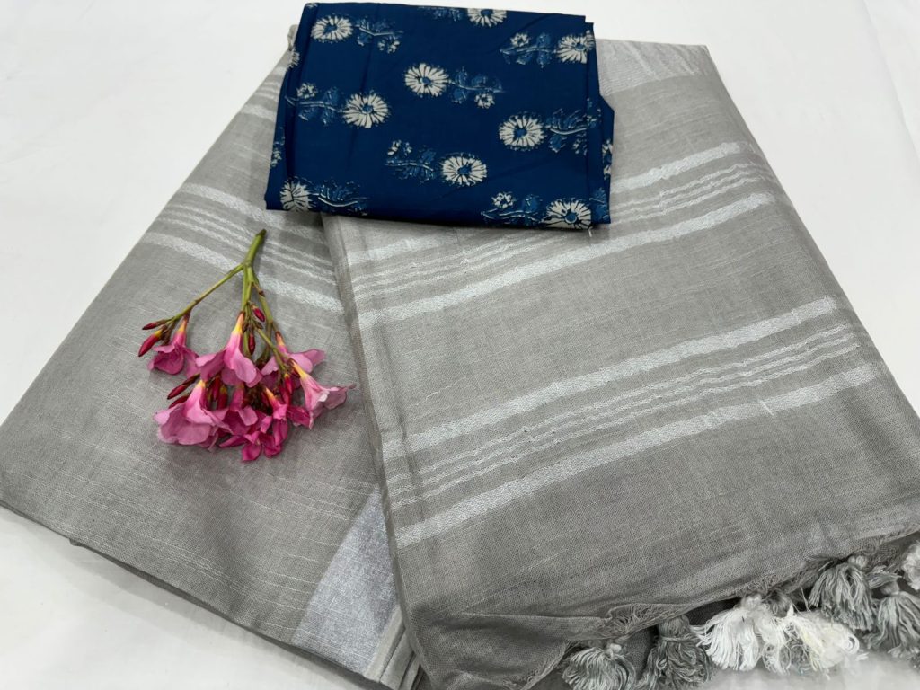 Pastel gray plain linen saree with indigo blue cotton blouse
