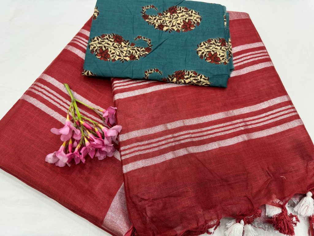 OU Crimson red plain linen saree with cotton blouse