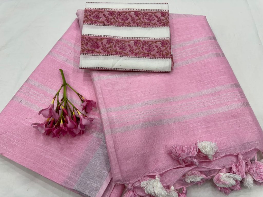 Carnation pink plain linen saree with cotton blouse