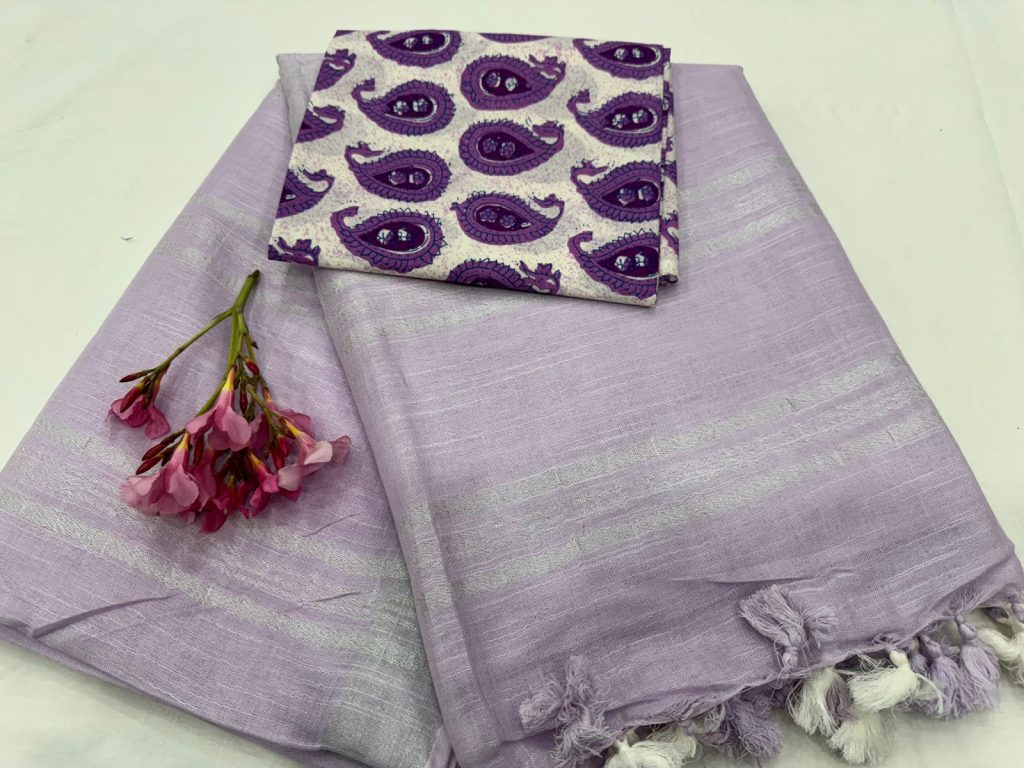 Periwinkle color plain linen saree with printed cotton blouse
