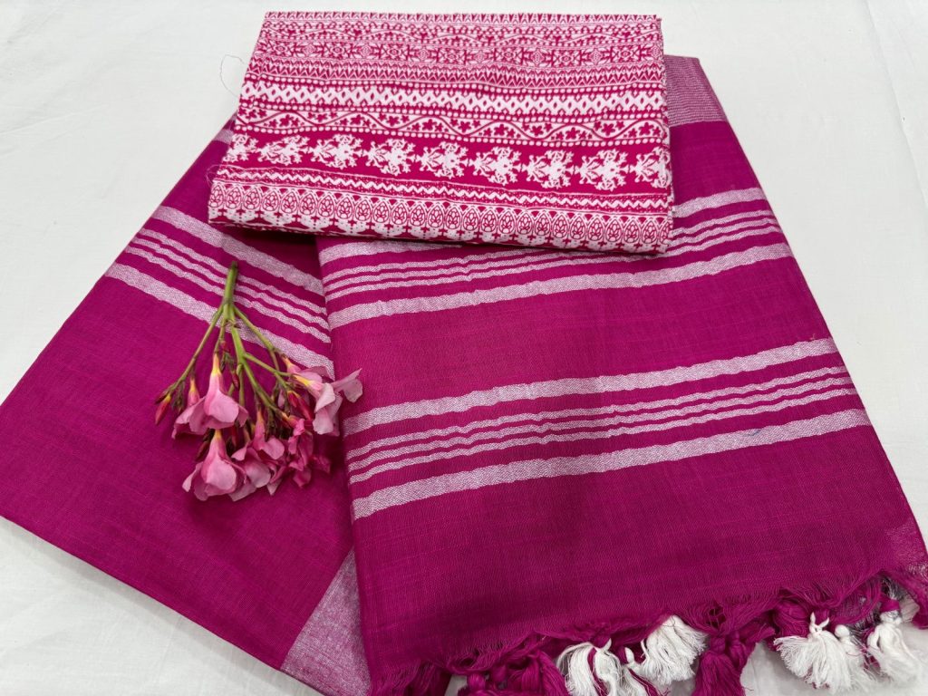 Flirt pink plain linen saree with printed cotton blouse